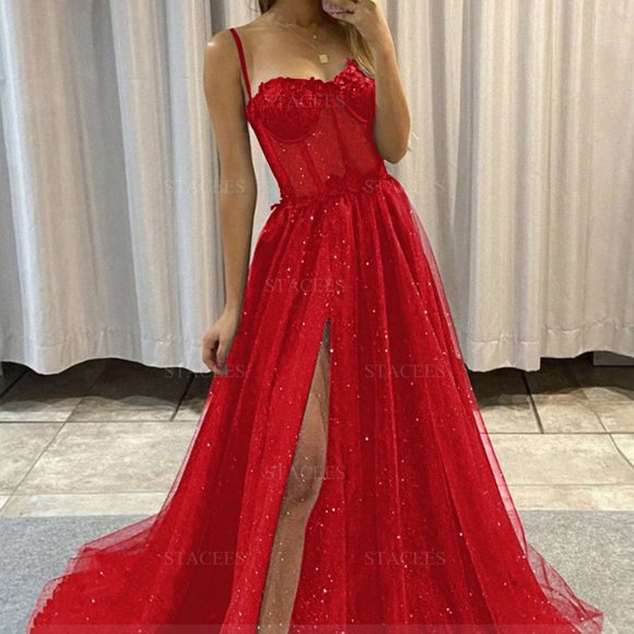 A-Line/Princess Glitter Tulle Off Shoulder Spaghetti Straps Sequin Corset Bodice Prom Dresses Maxi Ball Gown with Slit main image 1